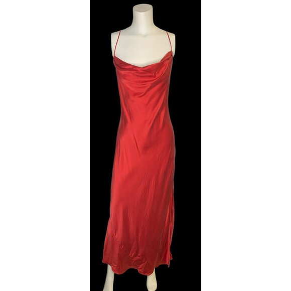 VTG Victoria's Secret SILK Y2K 90s Red Satin Cowl Slip Dress Open Tie Back S